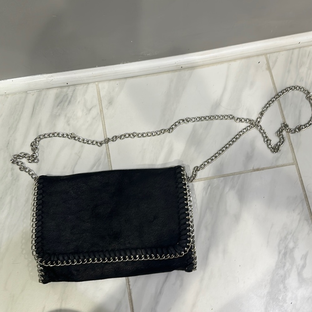 Black soft suede crossbody with silver chain strap